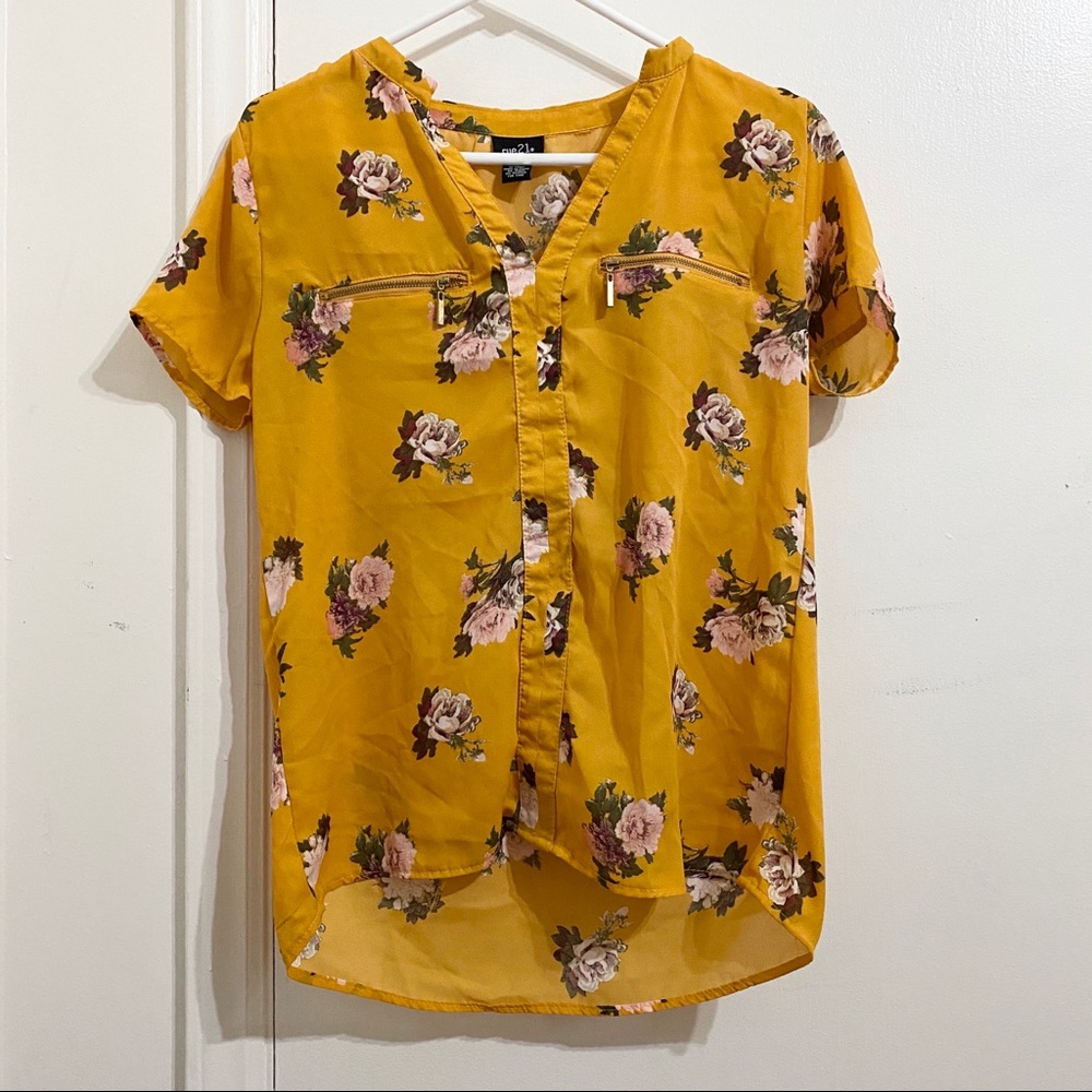 V Neck Gold Floral Faux Zipper Pocket Blouse